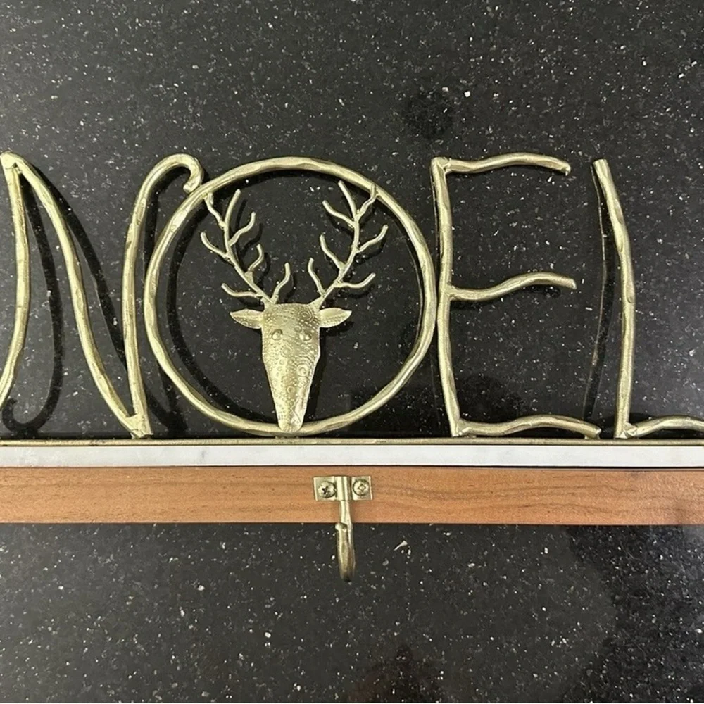 STOCKING HOLDER NOEL Marble Metal Wood DEER Reindeer Hanging  Hooks 3